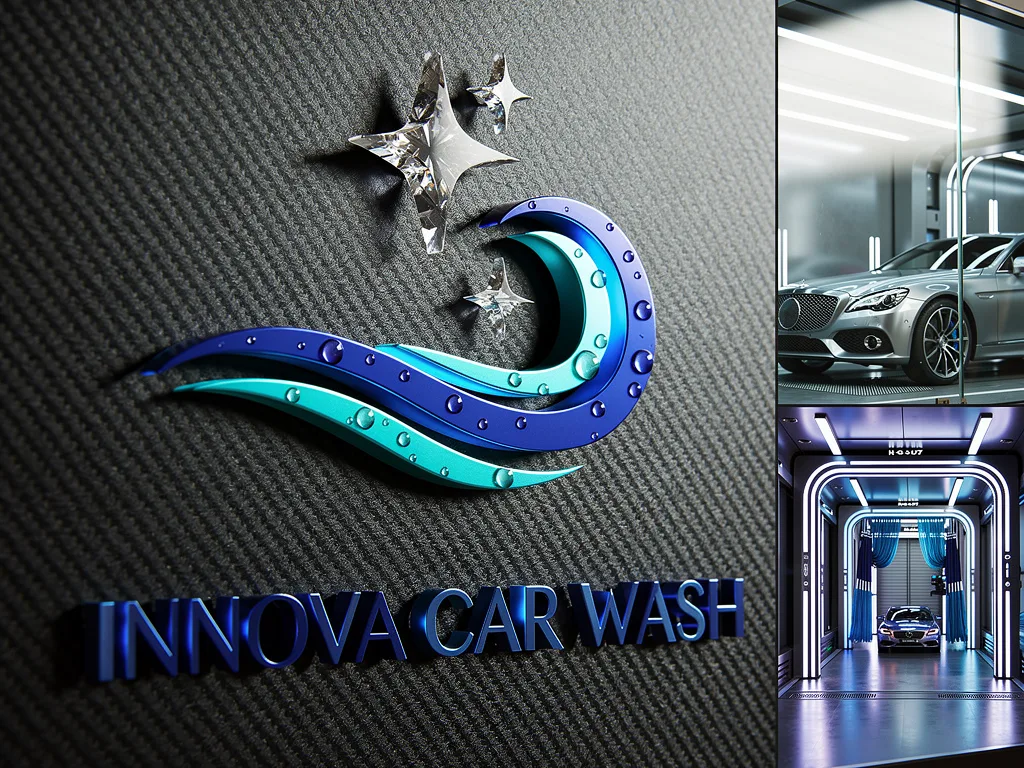 Logo de Innova Car Wash en relieve 3D junto al túnel de lavado