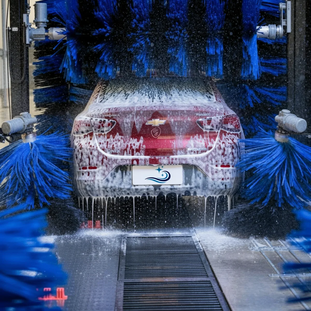 Carro cubierto de espuma entre los cepillos del túnel de lavado
